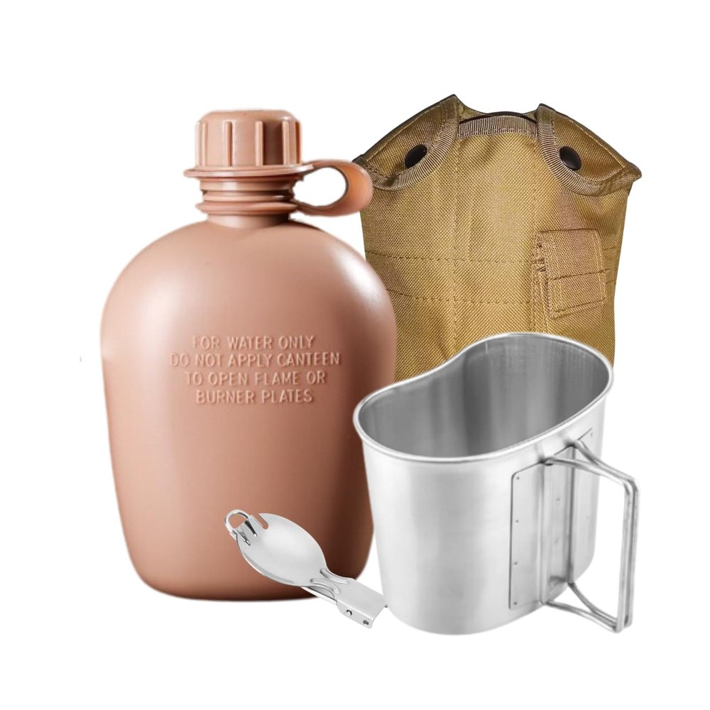 BeGrit Military Canteen Army Canteen WWII US G.I. Style Canteen Kit with Aluminum Cup Stainless Steel Foldable Spoon Fork for Hiking Backpacking Camping, 1 Quart Khaki