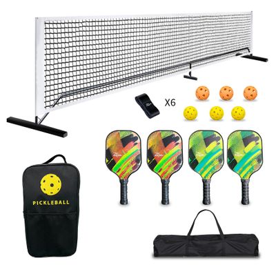 ZC FLYYD Pickleball Set, Fiberglass Pickleball Paddles Set of 4 with Pickleball Net Systerm/Pickle-Balls/Grip Tapes/Portable Bag, Fiber Glass Pickleball Rackets 4 Pack with Pickleball Net