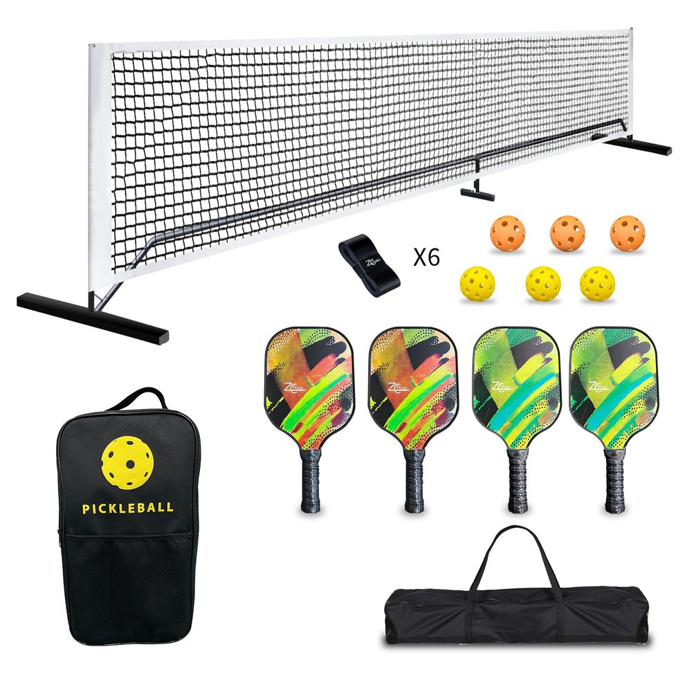 ZC FLYYD Pickleball Set, Fiberglass Pickleball Paddles Set of 4 with Pickleball Net Systerm/Pickle-Balls/Grip Tapes/Portable Bag, Fiber Glass Pickleball Rackets 4 Pack with Pickleball Net