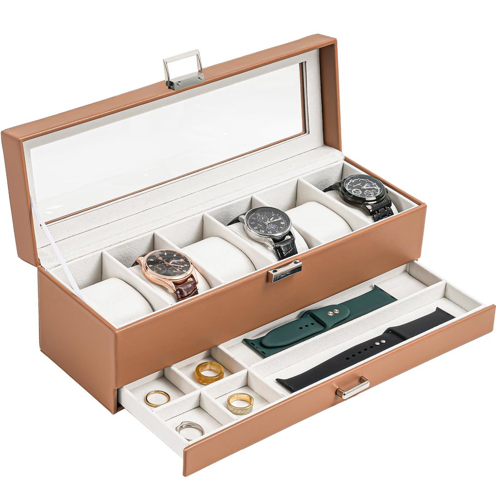 ProCase Watch Box, 6 Slot Watches Display Case with Drawer, Mens Watch Case with Glass Lid, 2-Layer Mens Jewelry Organizer Storage Holder, Birthday Valentine Gifts for Men -6 Slot, Khaki