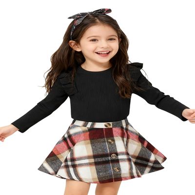 AGQT Toddler Girls Christmas Long Sleeve Knitted Shirt Sweater Tops & Plaid Pleated Mini Skirt Set Fall Winter Princess Dress Outfits 2 Piece Set 4-5 Years