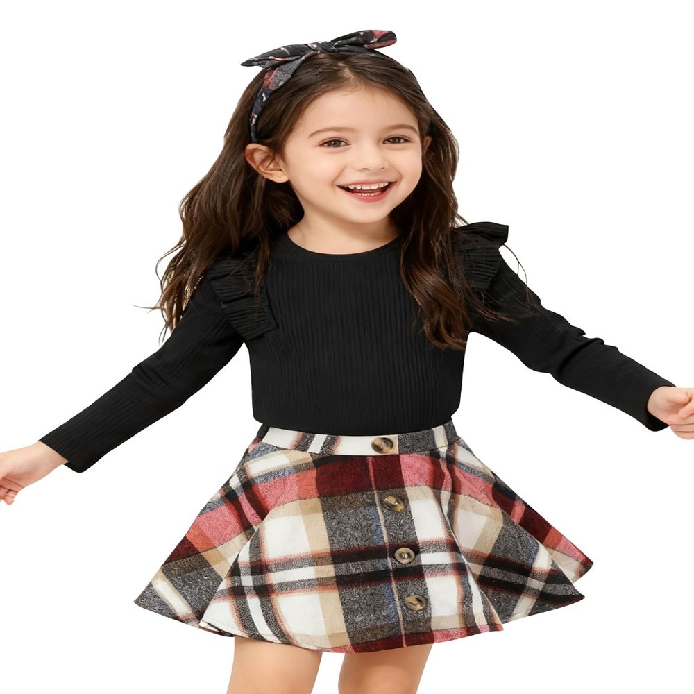 AGQT Toddler Girls Christmas Long Sleeve Knitted Shirt Sweater Tops & Plaid Pleated Mini Skirt Set Fall Winter Princess Dress Outfits 2 Piece Set 4-5 Years