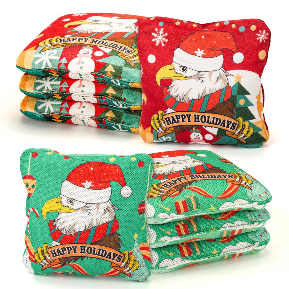 EunHo Cornhole Bags Regulation Dual Sided Set of 8, Non-Dusty Cornhole Bean Bags Slick & Sticky Side Bags with Carry Bag (Christmas/Eagle)