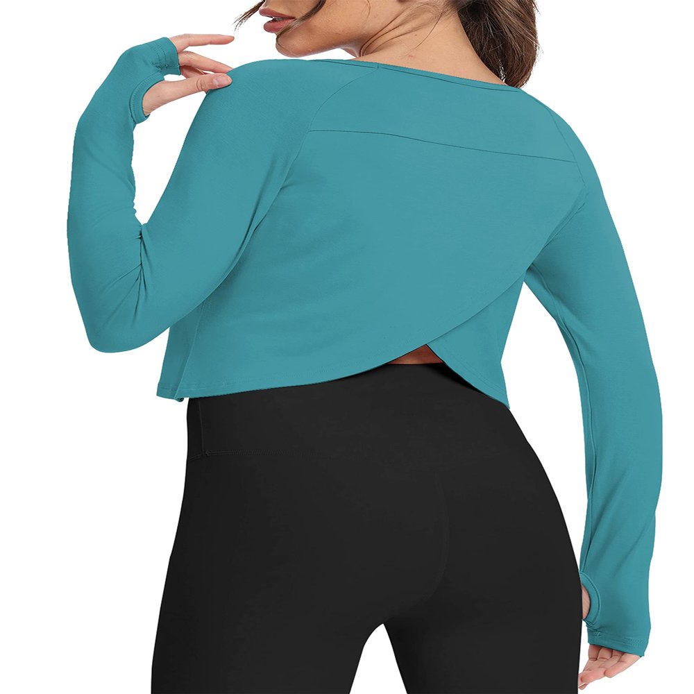 Bestisun Split Back Workout Long Sleeve Shirts Exercise Sports Clothes Activewear Running Tops for Women Blue Green S