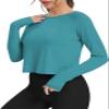 Bestisun Split Back Workout Long Sleeve Shirts Exercise Sports Clothes Activewear Running Tops for Women Blue Green S view 2