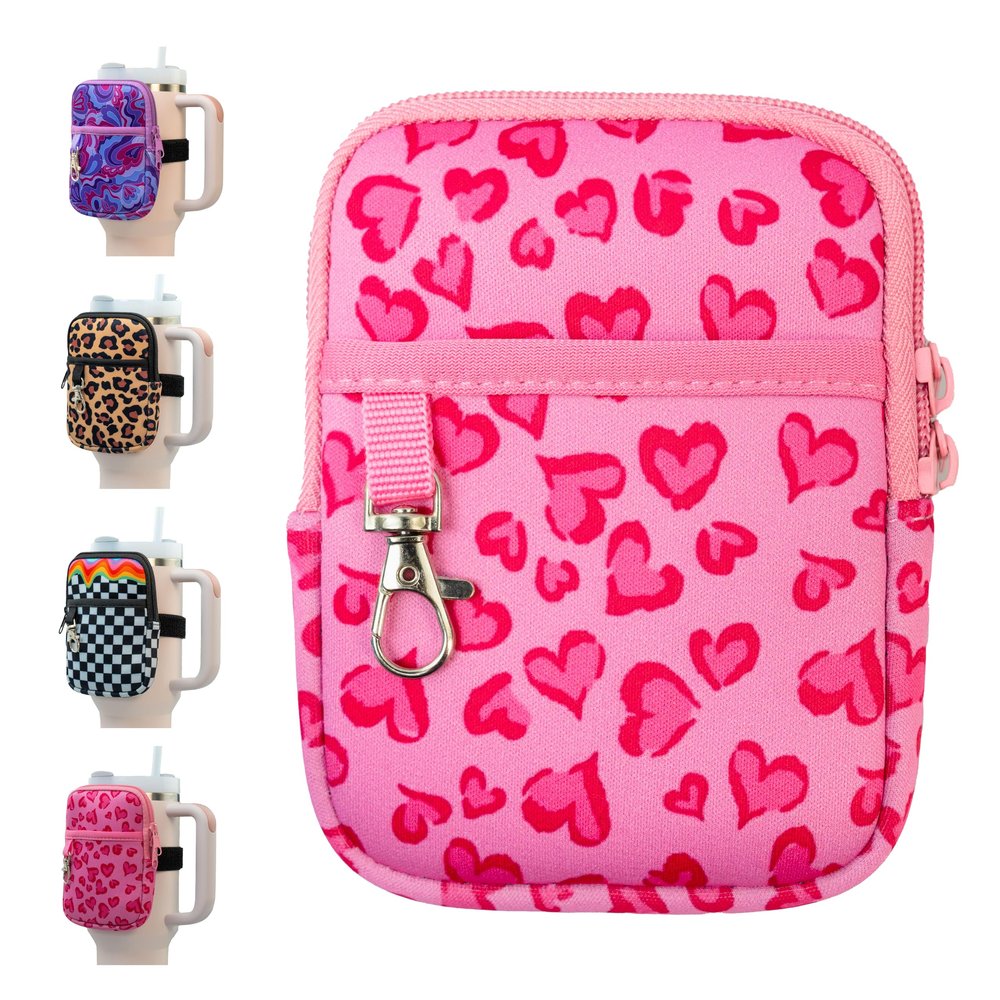 Axolotl Stanley Cup Accessories:Zip Pouch for 30oz&40oz Water Bottles-Essential for Stanley Quencher Adventure Cup,Doubles as a Fanny Pack,Purse,Bag for Your Tumbler-with KeyHolder(Pink Heart Leopard)