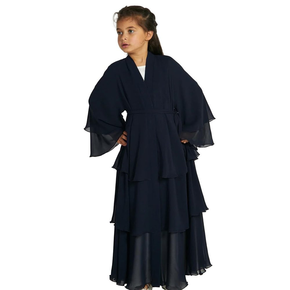 Abaya For Girls Kids Muslim Chiffon layered Open Abaya Dress Dubai Turkey Kaftan Cardigan Abayas Dresses For Girl Casual Robe Kimono Islam Clothing Prayer Clothing Black 7-8 Years