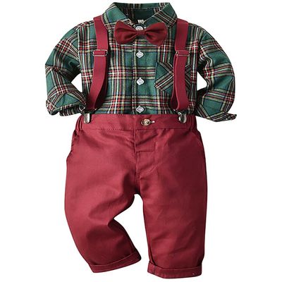 AGQT Toddler Boys Christmas Gentleman Set Formal Suit Long Sleeve Bow Tie Shirt Romper Suspenders Shorts Pants 12-18 Months