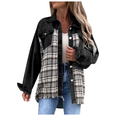 warehouse deals today Fall Fashion Denim Jacket For Women 2023 Casual Long Sleeve Plaid Button Down Jean Shirts Shacket Jacket shackets for women 2023 fall Black S