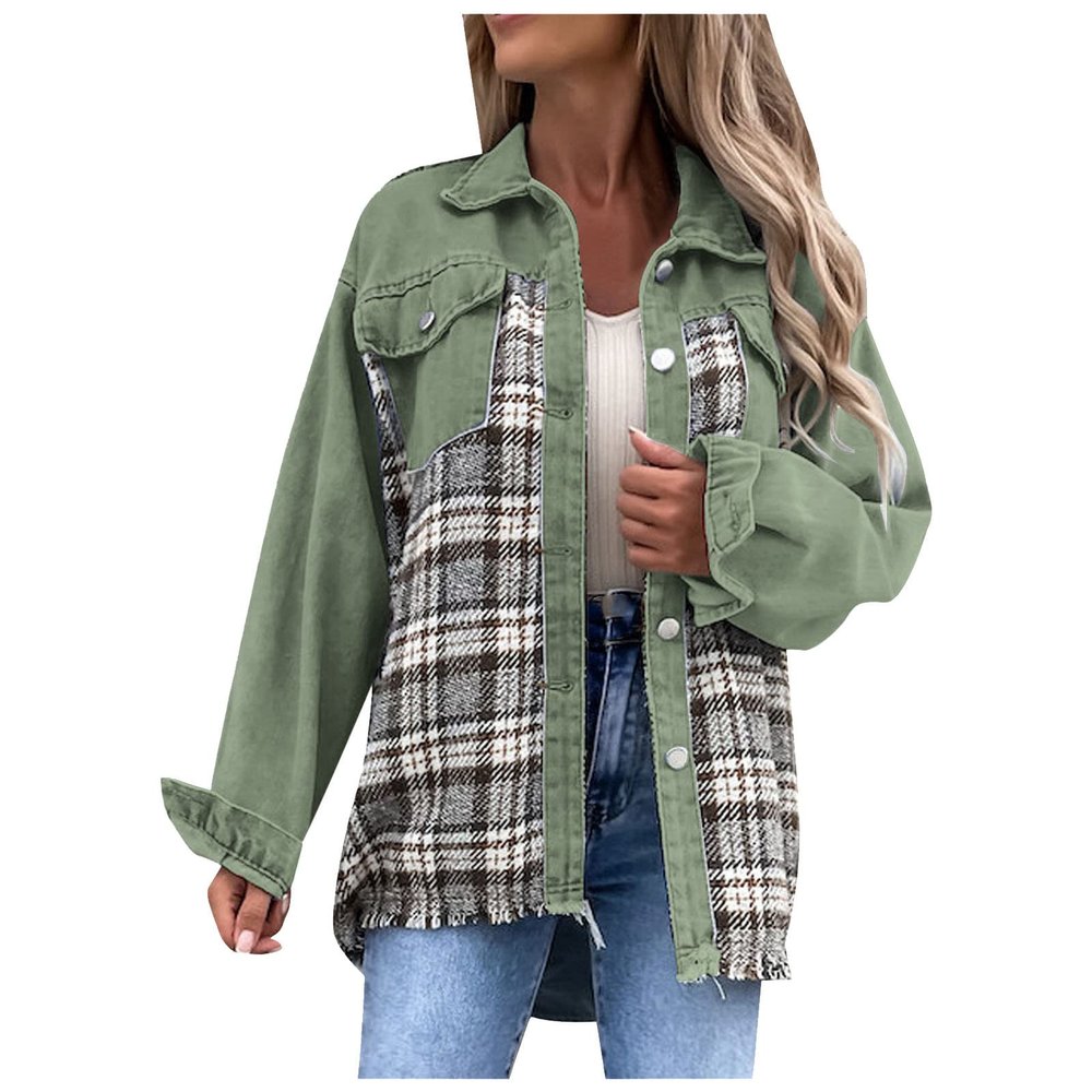 Fall Fashion Denim Jacket For Women 2023 Casual Long Sleeve Plaid Button Down Jean Shirts Shacket Jacket plaid jackets for women Green M