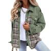 Fall Fashion Denim Jacket For Women 2023 Casual Long Sleeve Plaid Button Down Jean Shirts Shacket Jacket plaid jackets for women Green M view 2