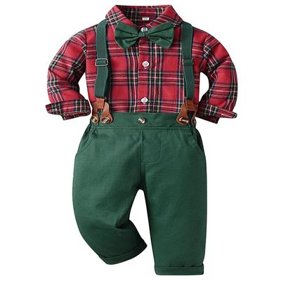 AGQT Toddler Boys Christmas Gentleman Set Formal Suit Long Sleeve Bow Tie Shirt Romper Suspenders Shorts Pants 18-24 Months