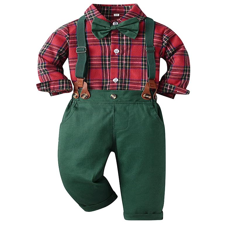 AGQT Toddler Boys Christmas Gentleman Set Formal Suit Long Sleeve Bow Tie Shirt Romper Suspenders Shorts Pants 18-24 Months