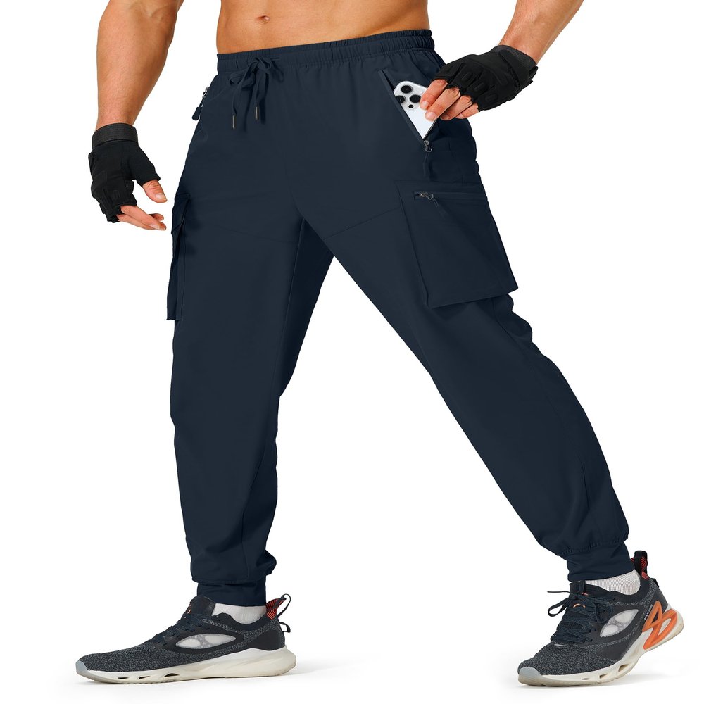 S Spowind Men's Hiking Pants Cargo Lightweight Quick Dry Elastic Waist Golf Joggers with Zipper Pockets Water Resistant Navy