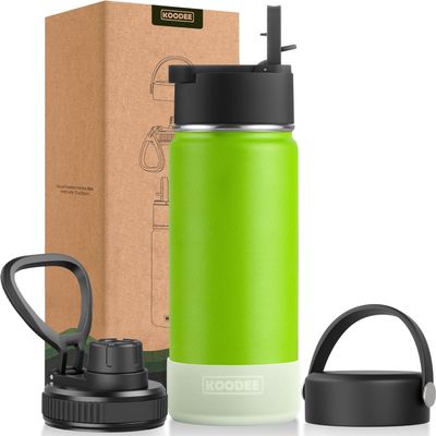 koodee Insulated Water Bottle 18 oz Stainless Steel Double Wall Vacuum Sports Water Bottle with 3 Lids-Girls Water Flask for School(Apple Green)