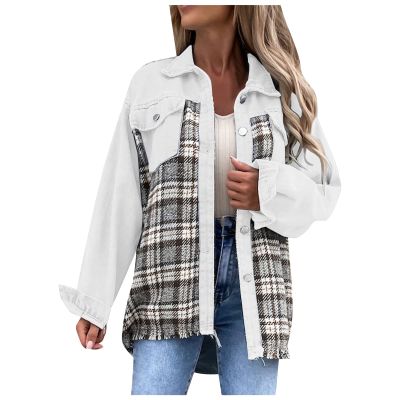 warehouse deals today Fall Fashion Denim Jacket For Women 2023 Casual Long Sleeve Plaid Button Down Jean Shirts Shacket Jacket oversized flannel White S