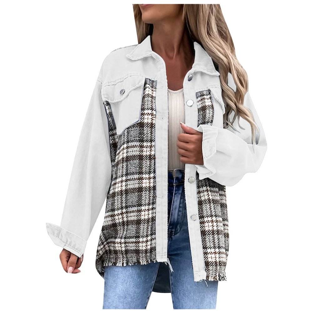 warehouse deals today Fall Fashion Denim Jacket For Women 2023 Casual Long Sleeve Plaid Button Down Jean Shirts Shacket Jacket oversized flannel White S