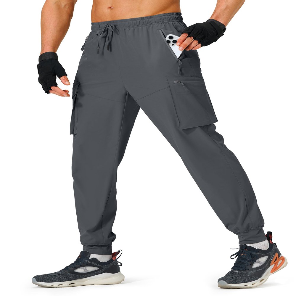 S Spowind Men's Hiking Pants Cargo Lightweight Quick Dry Elastic Waist Golf Joggers with Zipper Pockets Water Resistant Dark Grey