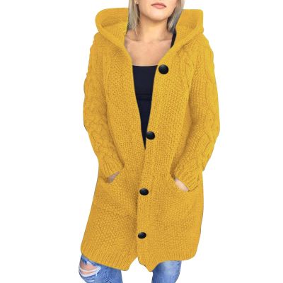 SACFOF Women Hooded Sweater Cardigan Button Down Front Winter Coat Long Sleeve Outerwear Loose Sweater Coats with Pockets