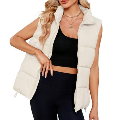 Century Star Beige Puffer Vest for Women's Outerwear Vests Puffy Oversized 2024 Quilted Vest Top Jacket Coat Warm Fall Winter Gilet Sleeveless Zip Girls Puffer Vest Large