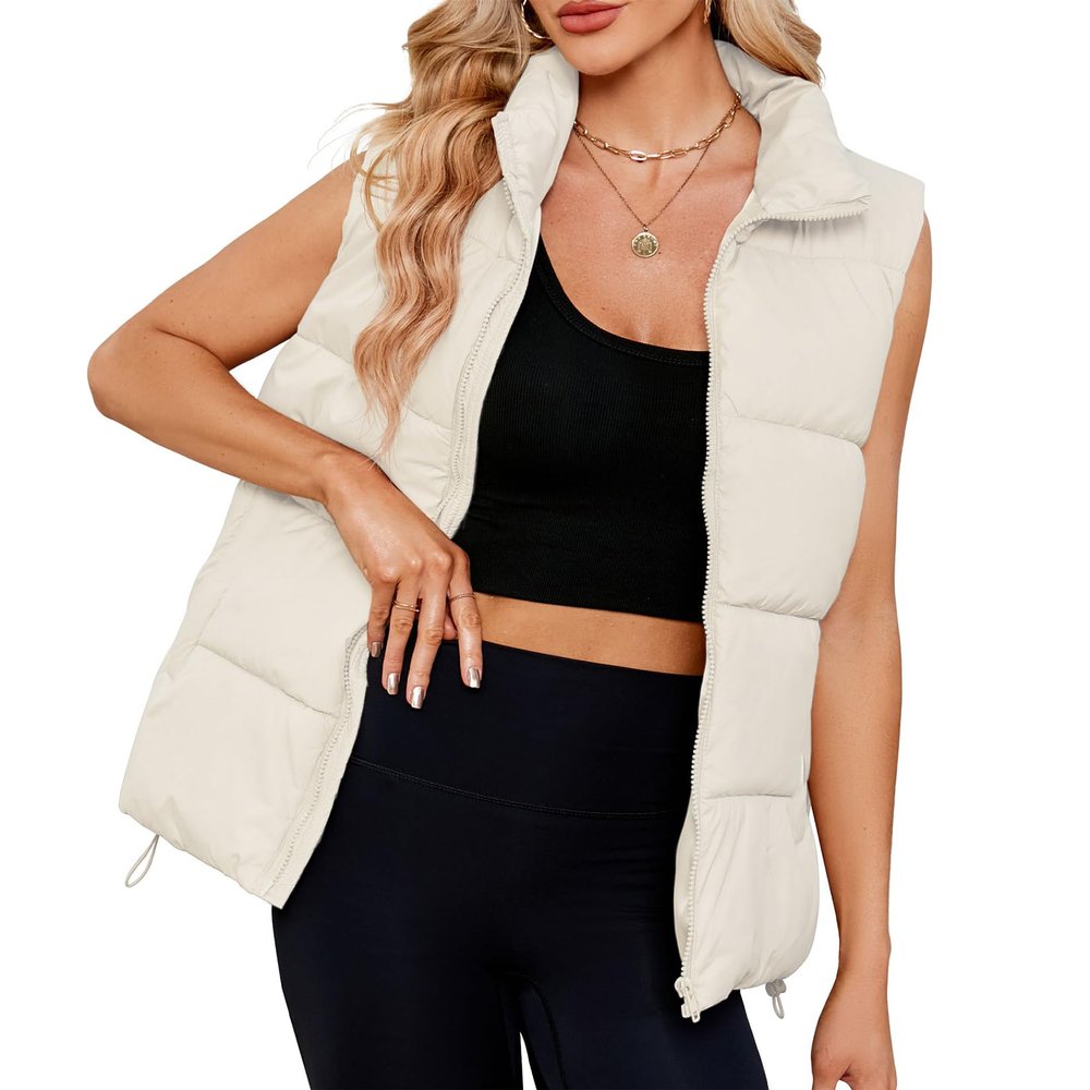 Century Star Beige Puffer Vest for Women's Outerwear Vests Puffy Oversized 2024 Quilted Vest Top Jacket Coat Warm Fall Winter Gilet Sleeveless Zip Girls Puffer Vest Large