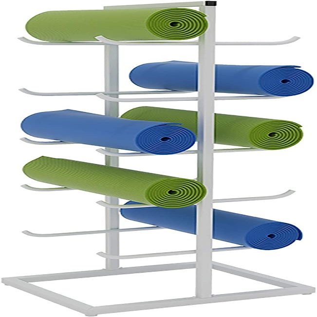 CIRCIR Large 5-Tier Yoga Mat Rack Shelf for Foam Rollers/Pilates Mats, Metal Floor Yoga Mat Storage Cart with Wheels, Holds 10 Mats (Color : White)