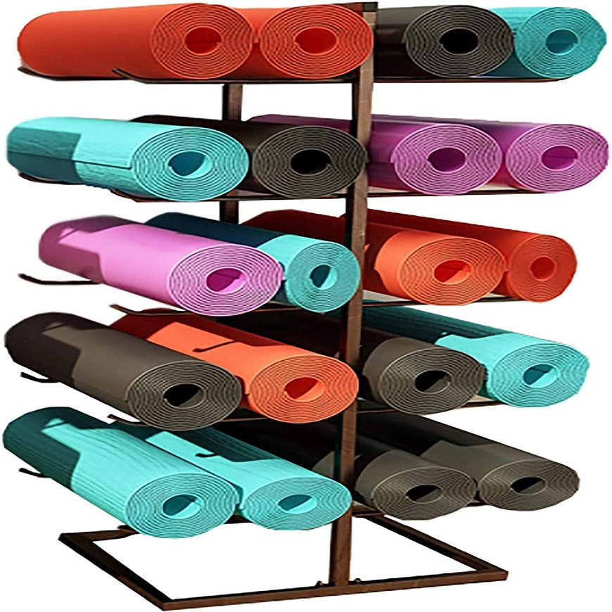 CIRCIR Yoga Mat Rack Floor Stand, 5 Tier Double-Sided Foam Roller/Exercise Mats Storage Organizer, Heavy Duty Vertical Pilates Mats Holder (Color : Brown)