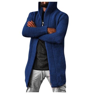 Ymosrh Men's Blue Winter Cardigan Sweater with Hood, Zipper, Long Sleeve, Relaxed Fit, 3XL