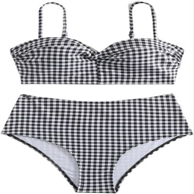 Check Print Bikinis Set Women Swimming Costume Brazilian Girl Beach Wear Lady Swimwear Sexy Beachwear High Waist Bathers (Women, L, Grey)