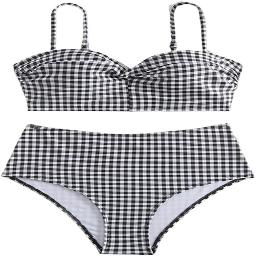 Check Print Bikinis Set Women Swimming Costume Brazilian Girl Beach Wear Lady Swimwear Sexy Beachwear High Waist Bathers (Women, L, Grey)