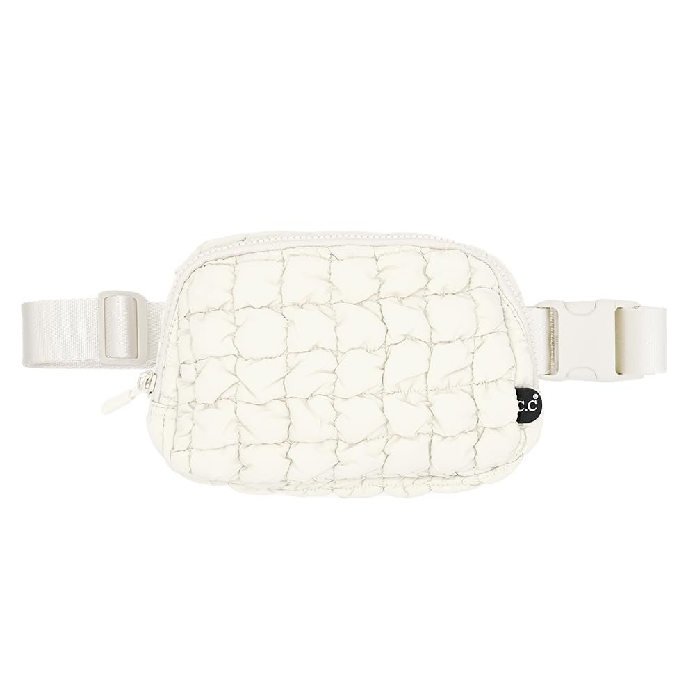 C.C Quilted Puffer Fanny Pack For Women Unisex - Daily Waist Crossbody Belt bag With Adjustable Strap (Ivory)
