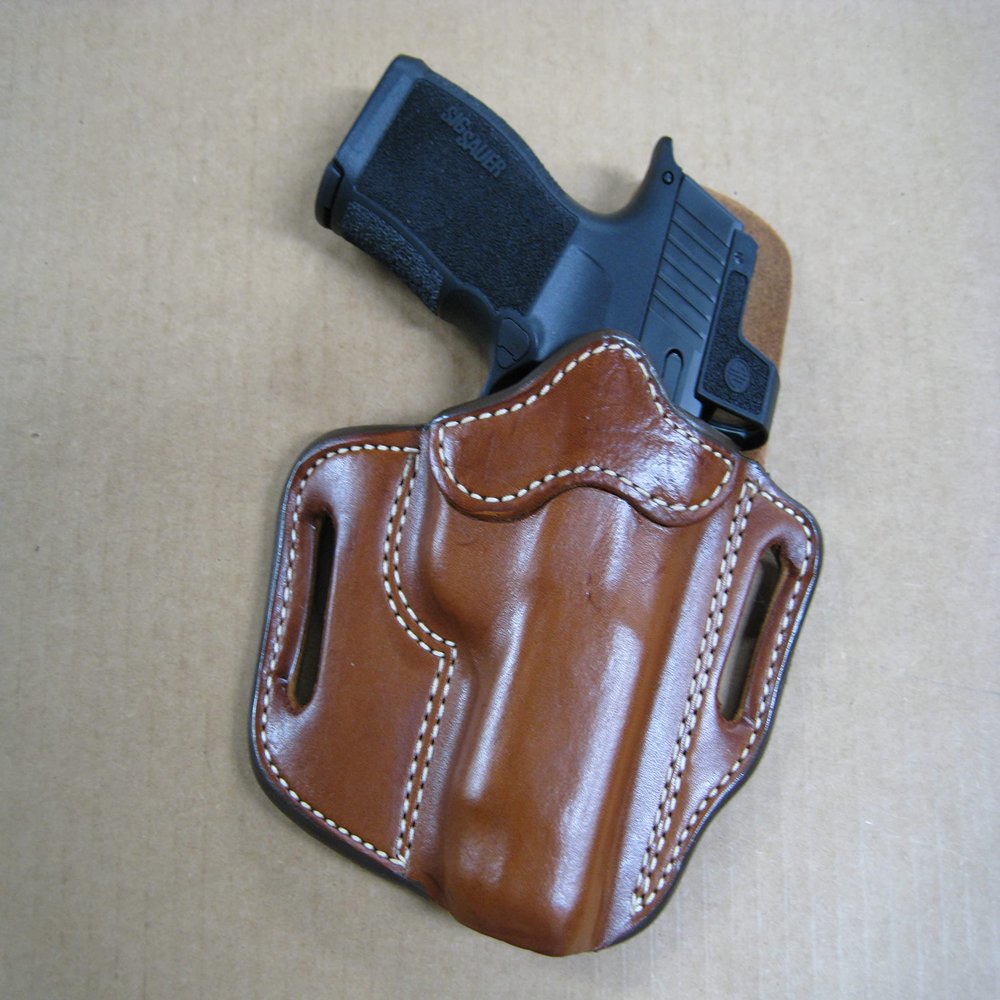 Azula OWB Leather 2 Slot Molded Pancake Belt Holster for Smith & Wesson M&P Shield 380, M&P Shield 9, Equalizer 9mm, S&W EZ with Optic, TAN Left Hand