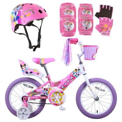 Titan Girl's Pink Flower Princess BMX Bike for 4-9 Years Girls with Training Wheels 16 Inch Kids Toddler Bicycle with Protective Elbow Knee Pads and a Small Size Helmet