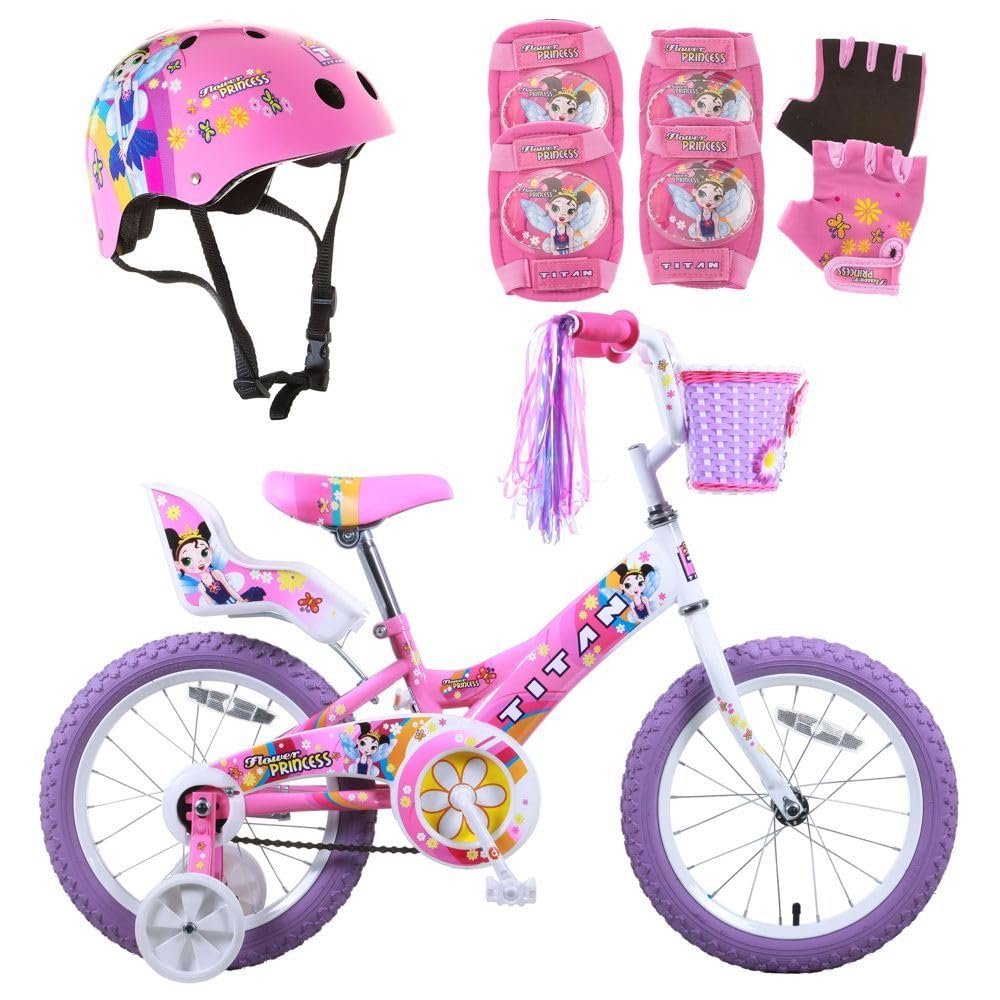Titan Girl's Pink Flower Princess BMX Bike for 4-9 Years Girls with Training Wheels 16 Inch Kids Toddler Bicycle with Protective Elbow Knee Pads and a Small Size Helmet