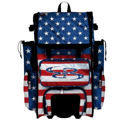 Boombah Rolling Superpack Baseball/Softball Gear Bag - 23-1/2" x 13-1/2" x 9-1/2" - Telescopic Handle - Holds 4 Bats - Wheeled Version - USA All Flag Royal Blue/Red/White