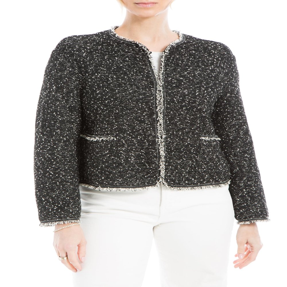 Max Studio Women's Long Sleeve Tweed Short Jacket, Black/Ivory Slub Netting-St-Kn12529, X-Small