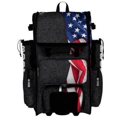 Boombah Superpack Hybrid Rolling Bat Bag - Wheeled & Backpack Version - USA Nation Black/Royal/White