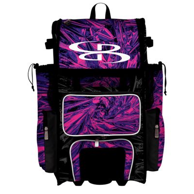Boombah Rolling Superpack Baseball/Softball Gear Bag - 23-1/2" x 13-1/2" x 9-1/2" - Telescopic Handle - Holds 4 Bats - Wheeled Version - Fractal Black/Purple/White