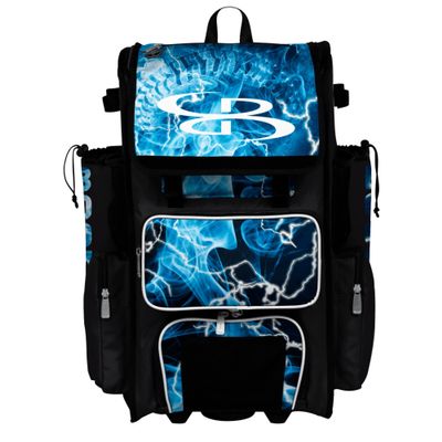 Boombah Superpack Hybrid Rolling Bat Bag - Wheeled & Backpack Version - The Natural 3 Black/White/Columbia Blue