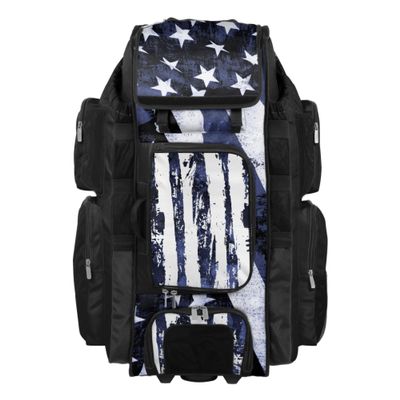 Boombah Superpack XL Rolling Bat Bag - 35.5" x 13.5" x 10" - Telescopic Handle - Holds 8 Bats - Wheeled Version - USA Stars & Stripes Black Ops Black/White