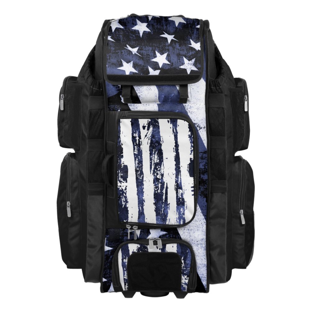 Boombah Superpack XL Rolling Bat Bag - 35.5" x 13.5" x 10" - Telescopic Handle - Holds 8 Bats - Wheeled Version - USA Stars & Stripes Black Ops Black/White