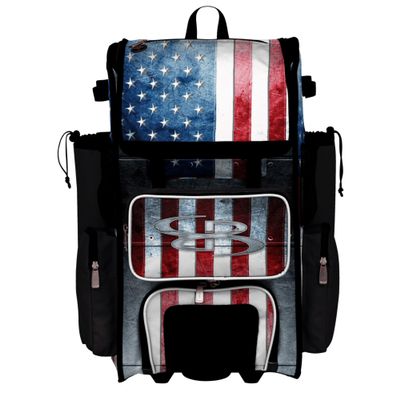 Boombah Rolling Superpack Baseball/Softball Gear Bag - 23-1/2" x 13-1/2" x 9-1/2" - Telescopic Handle - Holds 4 Bats - Wheeled Version - USA Shield Black/Royal Blue/Red