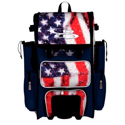 Boombah Rolling Superpack Baseball/Softball Gear Bag - 23-1/2" x 13-1/2" x 9-1/2" - Telescopic Handle - Holds 4 Bats - Wheeled Version - USA Pixelpop Navy/Red/White
