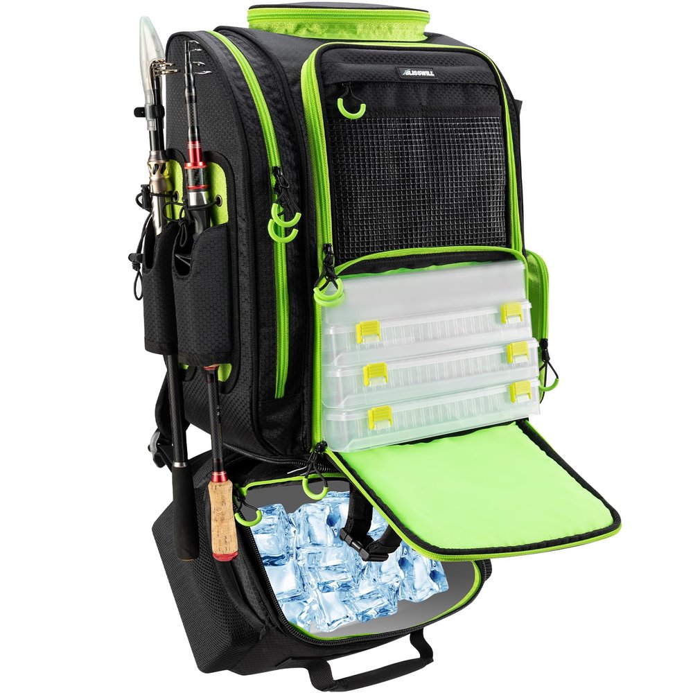 BLISSWILL Large Fishing Backpack with Cooler for 3 Tackle boxes Fish Bag with Rod Holders Fishing Gear and Equipment for fishing camping hiking