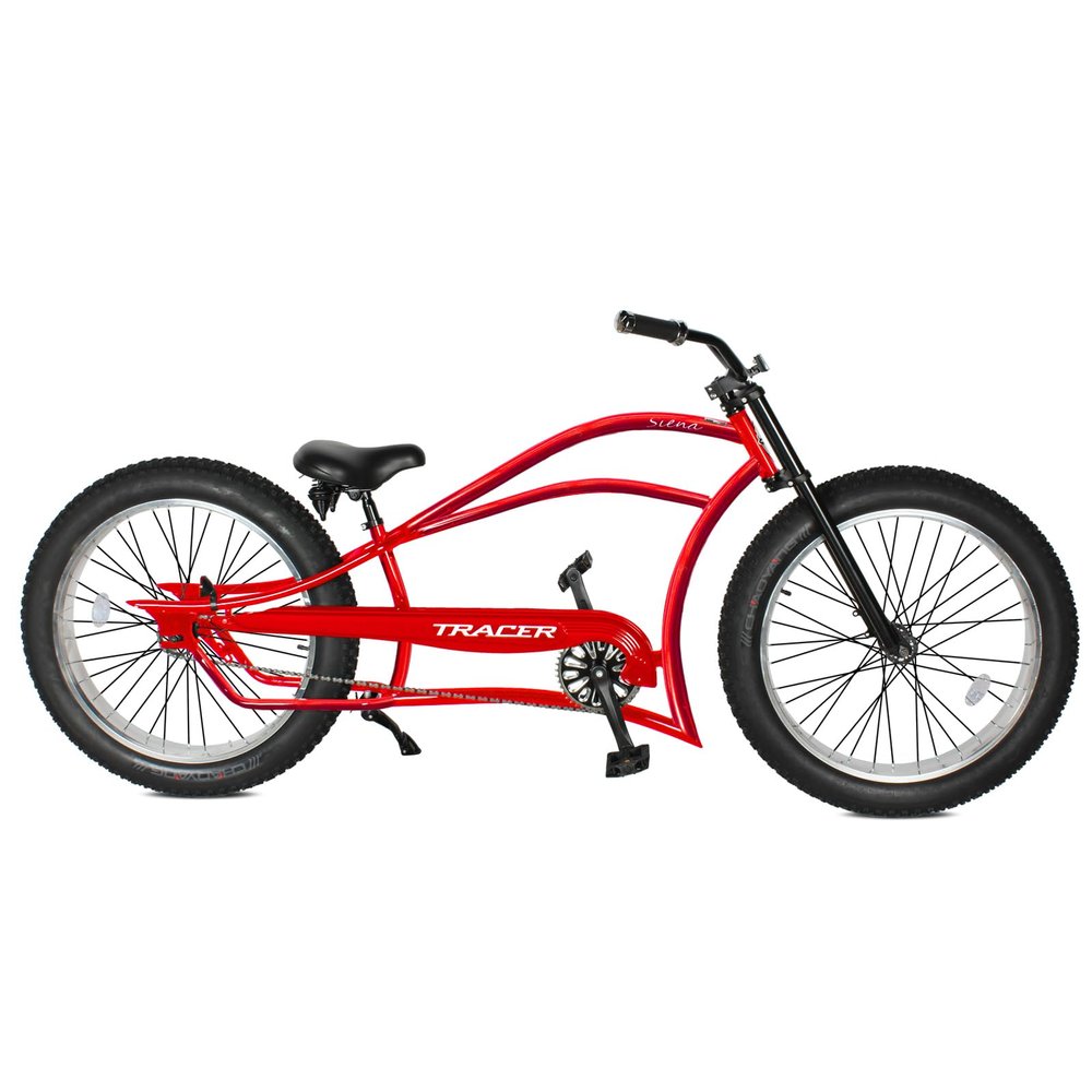 Tracer Siena Chopper Stretch Cruiser Bike for Adults 26 Inch Beach Cruiser Bike with Moon-Type Handlebar Single Speed Adult Recumbent Bike (red)