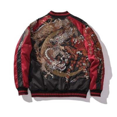 USTZFTBCL Heavy Industry Dragon Embroidery Autumn Baseball Uniform Jacket Embroidered Coat Youth Trendy Casual Coats Couples Black and Red XL