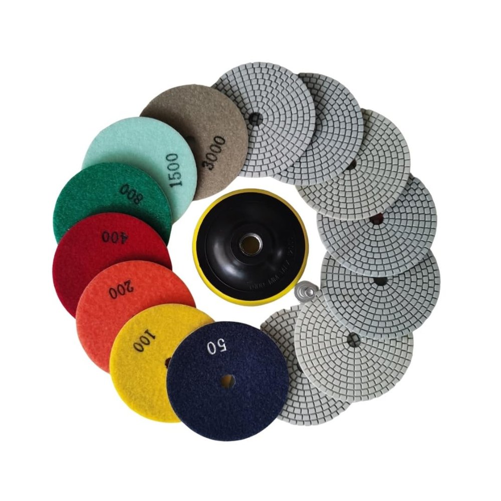 SUSUKII 7pcs Diamond Dry/Wet Polishing Pads Set, 4 inch Pads for Granite Stone Concrete Marble Floor Grinder or Polisher, 50#-3000# with Hook & Loop Backing Holder Pads for Wet Polisher