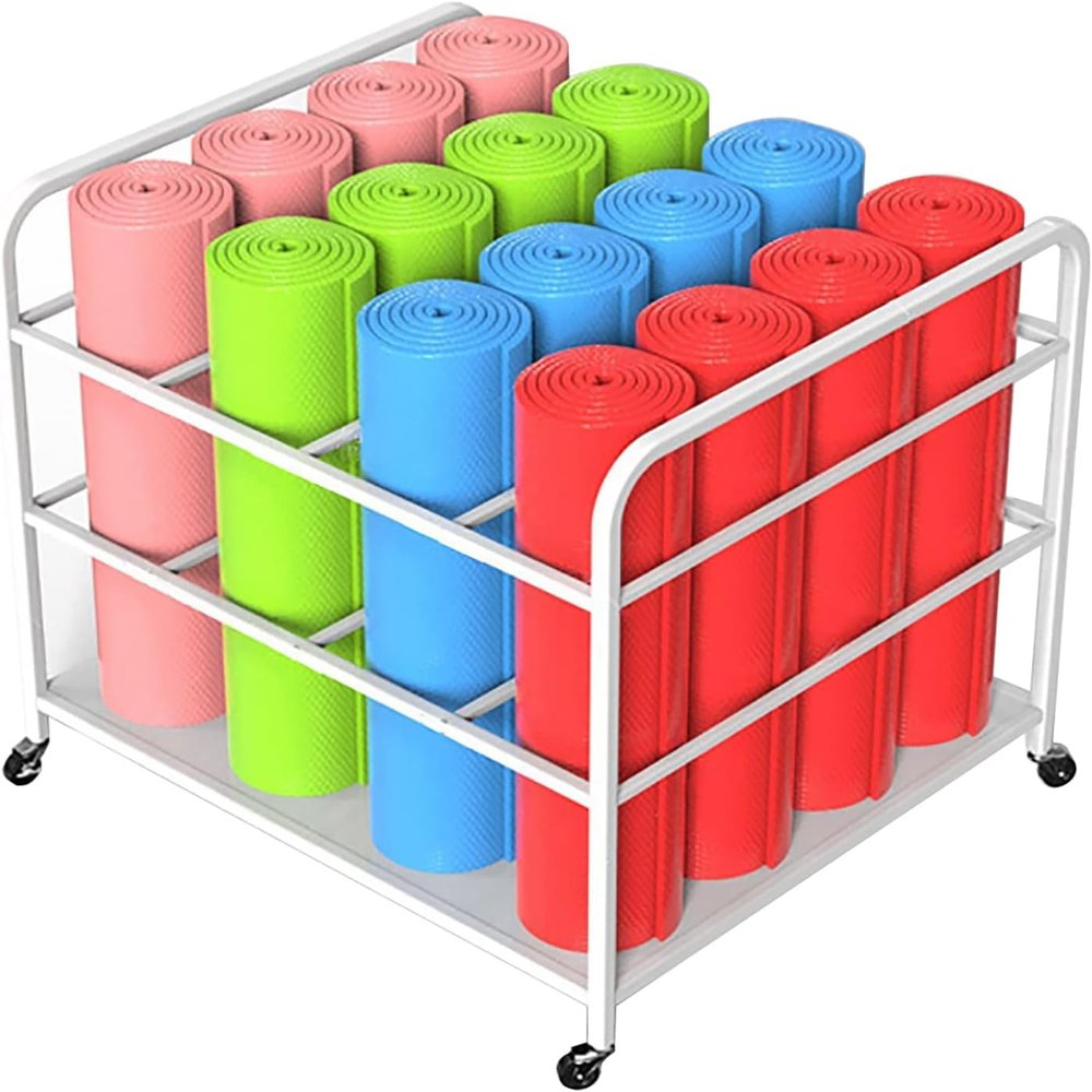 CIRCIR Metal Yoga Mat Rack Storage Cart with Wheels, Yoga Mat Holder Basket, Exercise Yoga Mats Stand Organizer, Home/Workout Room/Gym, Hold 16 Mats (Color : White)