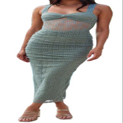 Recious Womens Sexy Sleeveless Mesh Paneled Ribbed Ruched Ruffles Bodycon Party Clubwear Dress Green