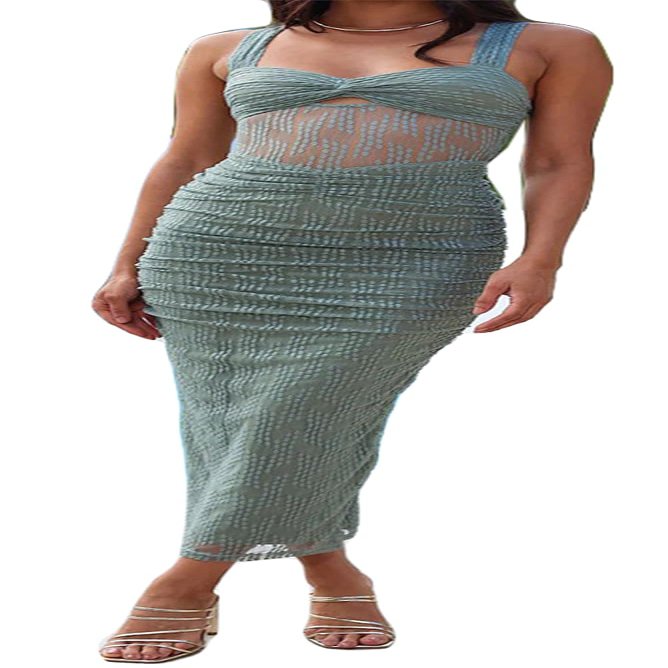 Recious Womens Sexy Sleeveless Mesh Paneled Ribbed Ruched Ruffles Bodycon Party Clubwear Dress Green